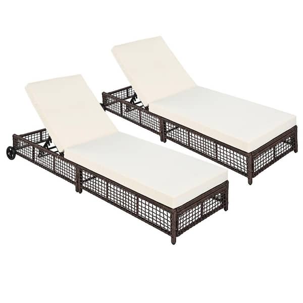 2-Piece Brown Metal Outdoor Chaise Lounge with Beige Cushions and 5-Position Backrest