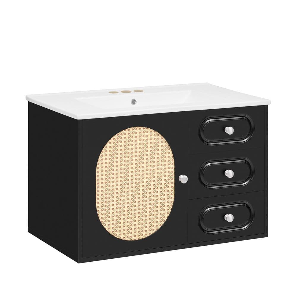 30 in Single Sink Bath Vanity Wall Mount Storage Cabinet in Black with White Ceramic Top, with 2 Drawers price history on PriceWatchPro