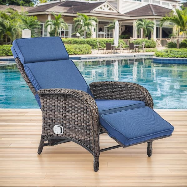 PlainCurve 1-Piece Brown Wicker Outdoor Patio Adjustable Recliner Chair with Navy Blue Cushions