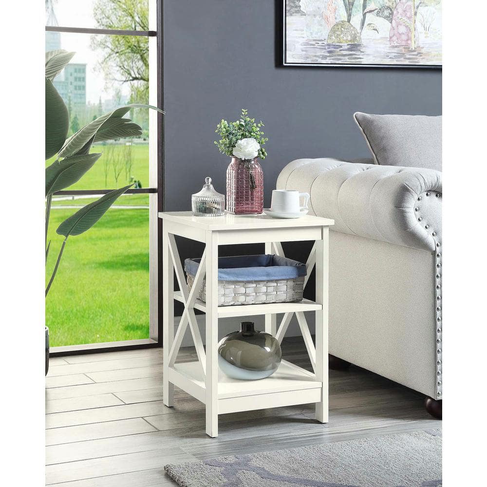 Ivory Rectangular Wood End Table with Shelves