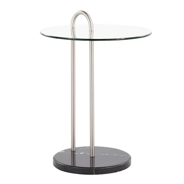 Lumisource Claire 18 in. Brushed Nickel and Black Marble Round Clear Glass End Table