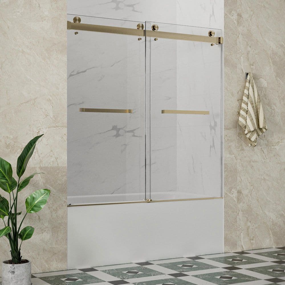 Sola 56 to 60 in. W x 72 in. H Double Sliding Frameless Tub Door in Brushed Bronze with 3/8 in. Clear Glass price history on PriceWatchPro