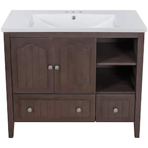 Modern 36 in. W x 18 in. D x 32 in. H Bath Vanity in White Ceramic Top with Sink and Brown Storage Cabinet