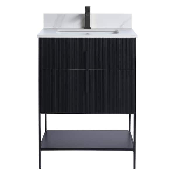 24 in. W x 18 in. D x 33.5 in. H Bath Vanity in Black Matte with White Carrara Stone Top in White With Black Hardware
