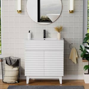 30 in. W x 17.7 in. D x 33.5 in. H Single Sink Bath Vanity in White with White Ceramic Top and Drain Faucet Set