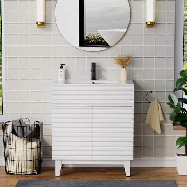 eclife 30 in. W x 17.7 in. D x 33.5 in. H Single Sink Bath Vanity in White with White Ceramic Top and Drain Faucet Set