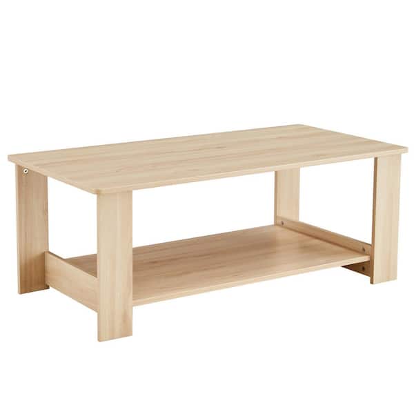 Polibi 43.3 in. Natural Rectangle Wood Coffee Table with Finished, Shelves