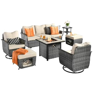 Sierra Black 7-Piece Wicker Multi-Functiona Fire Pit Patio Conversation Sofa Set with Swivel Chairs and Beige Cushions