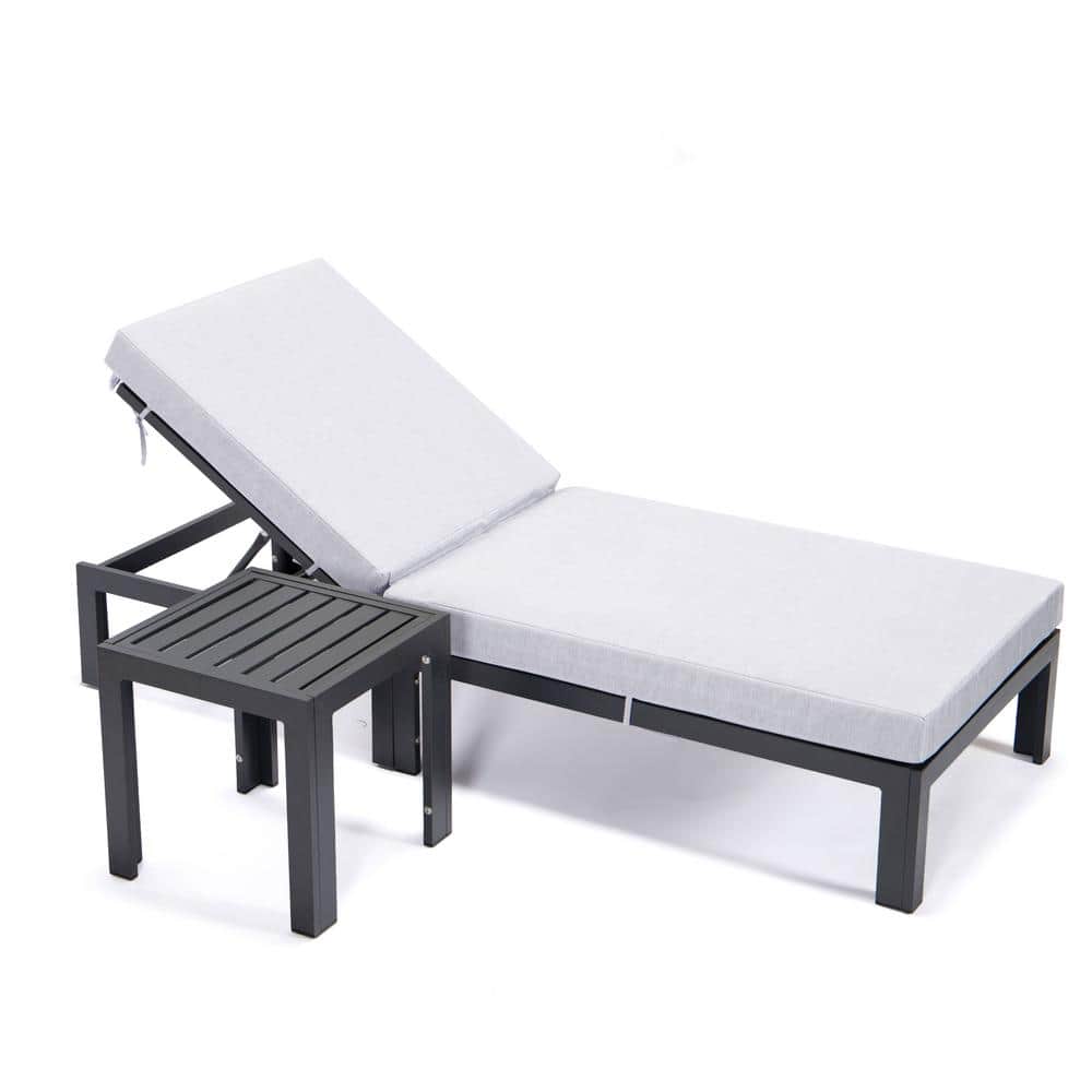 Chelsea Modern Black Aluminum Outdoor Chaise Lounge Chair with Light Grey Cushions and Side Table