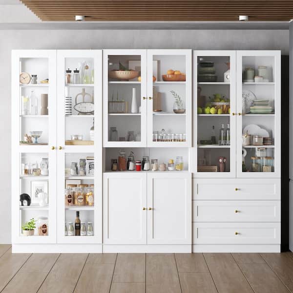 FUFU&GAGA White Wood 94.5 in. W Buffet Food Pantry W/Hutch, Glass Doors, Multiple Shelves (15.7 in. D x 70.9 in. H)