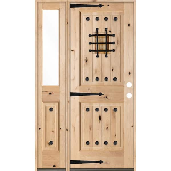 Krosswood Doors 46 in. x 80 in. Mediterranean Alder Sq Clear Low-E Unfinished Wood Left-Hand Prehung Front Door with Left Half Sidelite