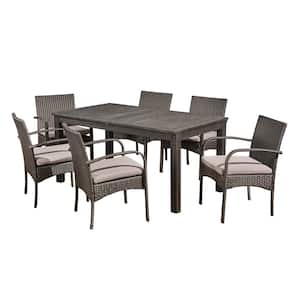 Elmar Dark Grey 7-Piece Wood and Plastic Outdoor Dining Set with Grey Cushions