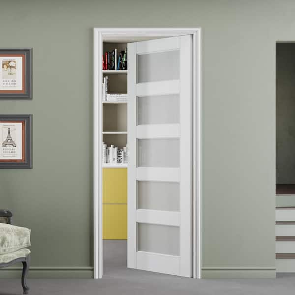 30 in. x 96 in. Solid Core 5-Lite Tempered Frosted Glass White Primed MDF Interior Door Slab