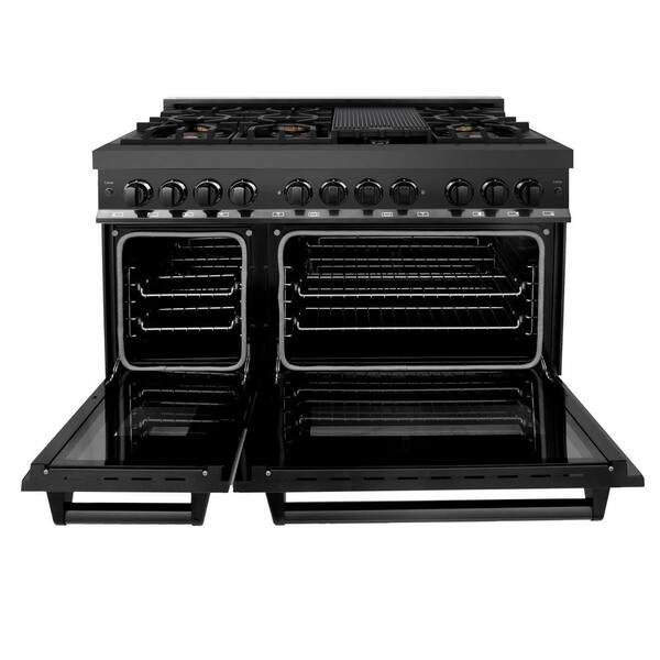 48 in. 7 Burner Double Oven Dual Fuel Range with Brass Burners in Black Stainless Steel