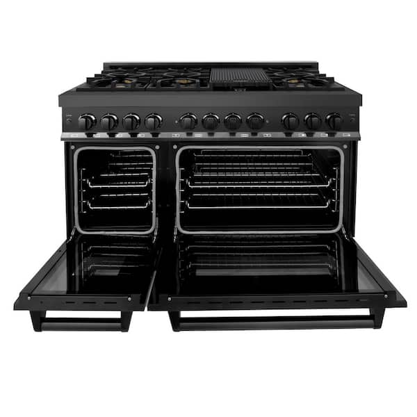 48 in. 7 Burner Double Oven Dual Fuel Range with Brass Burners in Black Stainless Steel