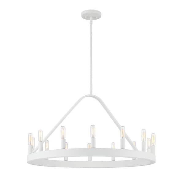Carousel 14-Light Matte White Modern Wagon Wheel Chandelier for Dining Areas with No Bulbs Included