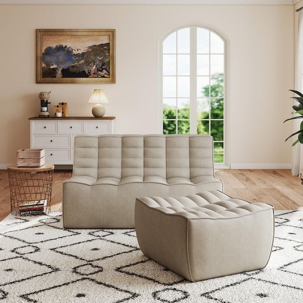 Magic Home 55 in. Khaki Modular Fireside Lazy Floor Sofa Couch Linen 2-Seater Loveseat Sectional Sofa with Ottoman for Apartment