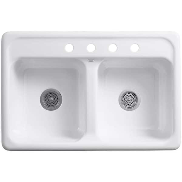 Delafield Drop-In Cast Iron 33 in. 4-Hole Double Bowl Kitchen Sink in White Delafield Drop-In Cast Iron 33 in. 4-Hole Double Bowl Kitchen Sink in White