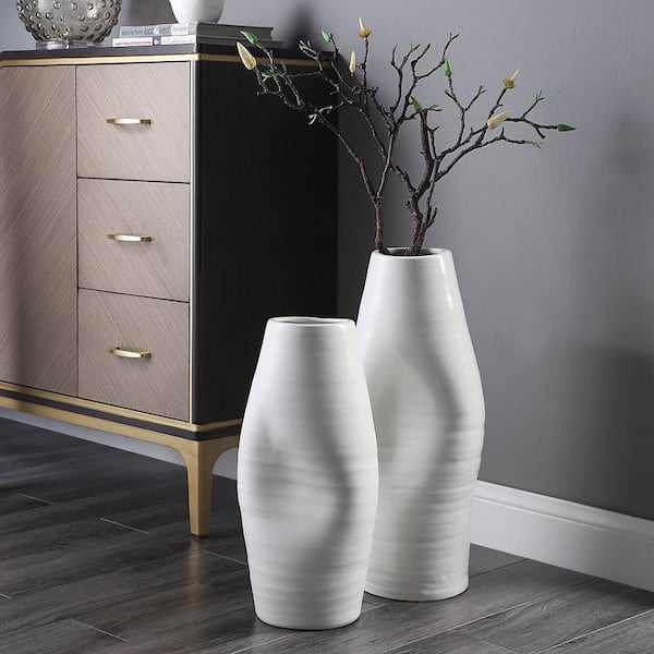 StyleCraft Guzzi Powder - White Tall Indented Ceramic Vase