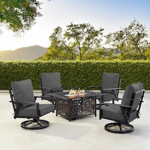 Black 6-Piece Aluminum Patio Fire Pit with 4-Club Chairs Black Cushions