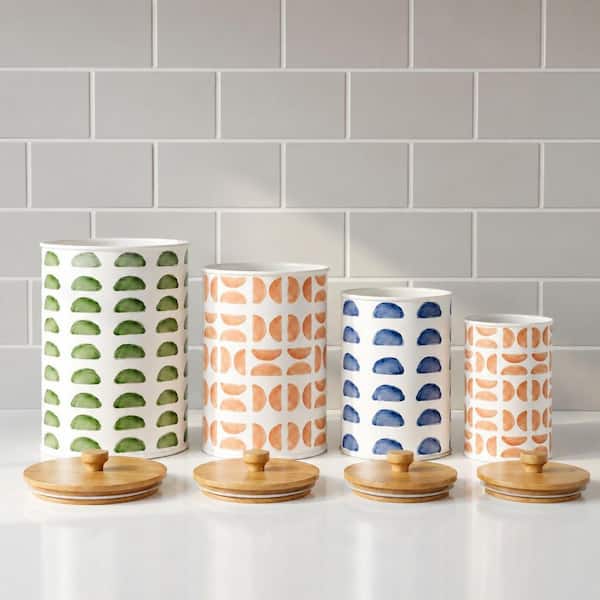 4-Piece Iron Decorative Kitchen Canister Set with Airtight Bamboo Lids and Handles, Multicolor Pattern