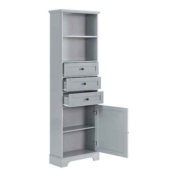 cadeninc 10 in. W x 22 in. D x 68.3 in. H Gray MDF Bathroom Linen Cabinet Storage Cabinet with 3-Drawers and Adjustable Shelves