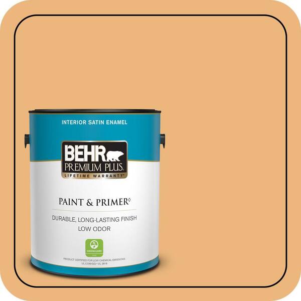 BEHR PREMIUM PLUS 1 gal. #ICC-100 Eastern Amber Satin Enamel Low