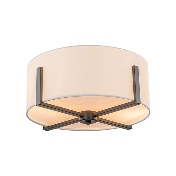 Y'INSP 16.93 In. 2-Light Black Modern Farmhouse Flush Mount Ceiling Light Industrial Semi-Flush Mount With White Fabric Shade