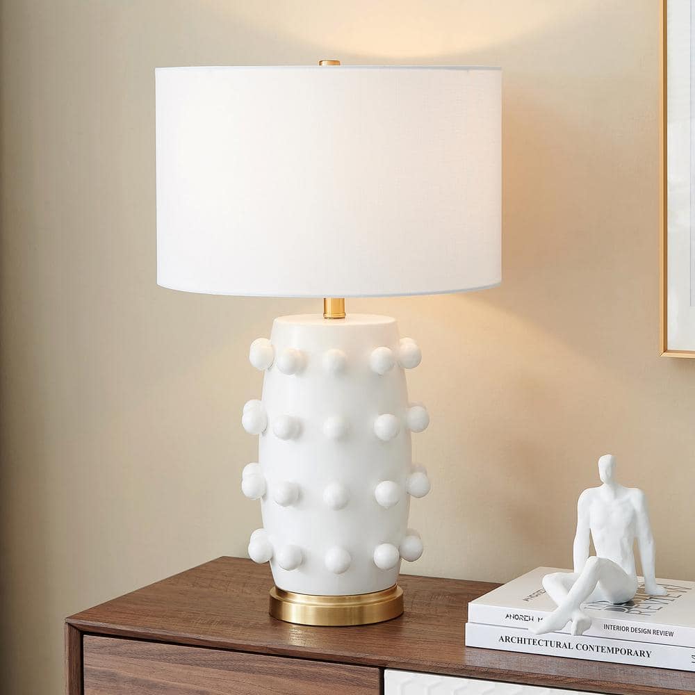 Matte White Ceramic Nightstand Lamp with Fabric Shade