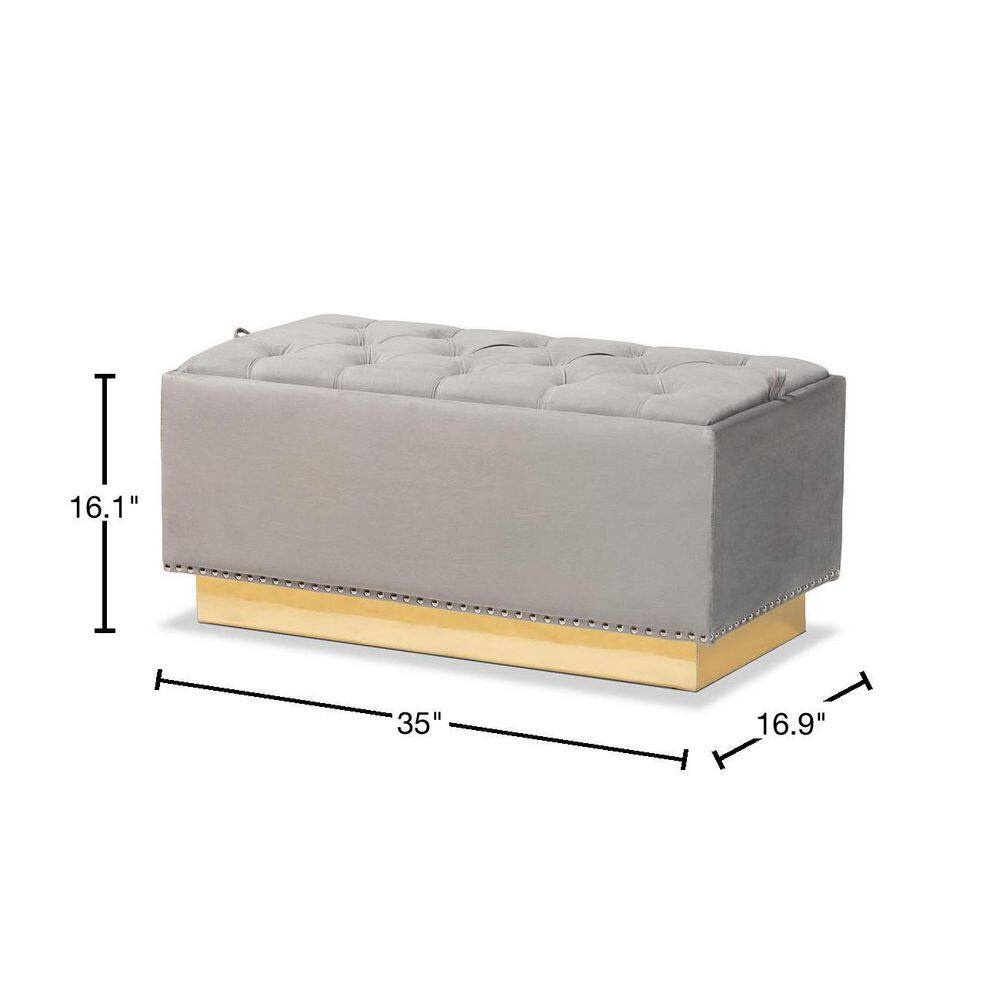 Luxurious Grey Velvet and Gold PU Leather Tufted Storage Ottoman