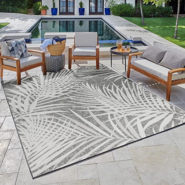 Paseo Paume Dark Gray and White 9 ft. x 13 ft. Floral Indoor/Outdoor Area Rug