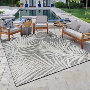 Paseo Paume Dark Gray and White 8 ft. x 10 ft. Floral Indoor/Outdoor Area Rug
