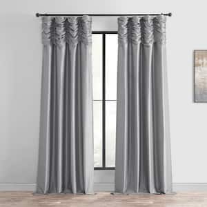 Storm Grey Ruched Vintage Textured Faux Dupioni Silk Room Darkening Curtain - 50 in. W x 84 in. L (1 Panel)