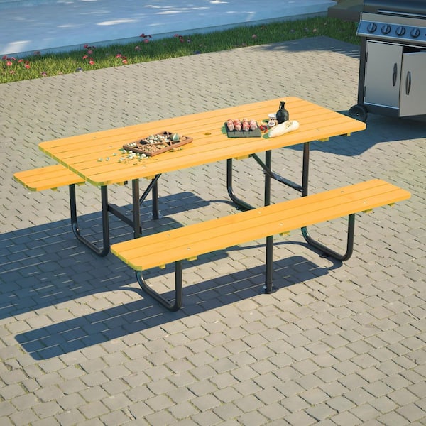72 in. Yellow Rectangle Steel Frame Picnic Table Set Seats 4-6 People with Umbrella Hole