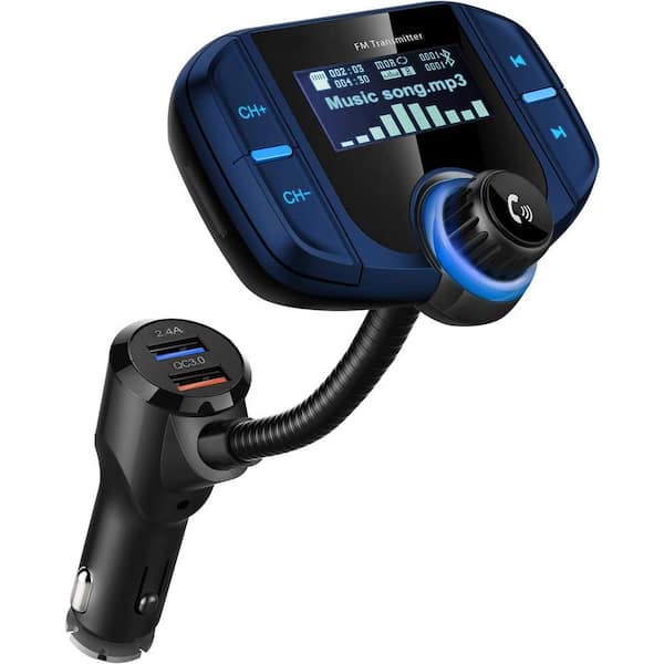 OBJLGEV Bluetooth FM Transmitter Wireless Radio Adapter Hands Free Car Kit with Display and USB Ports in Blue