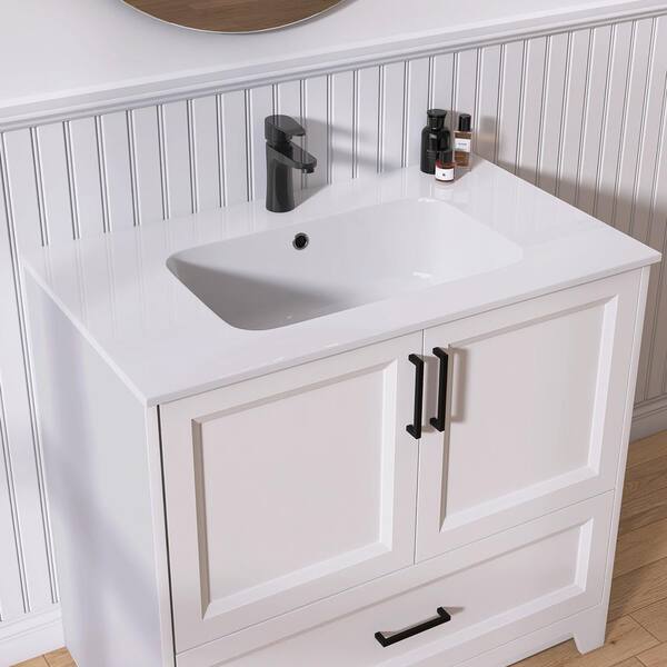 36 in. W x 22 in. D x 34 in. H Freestanding White Bath Vanity and Solid Surface Top with Basin Solid Wood Bath Cabinet