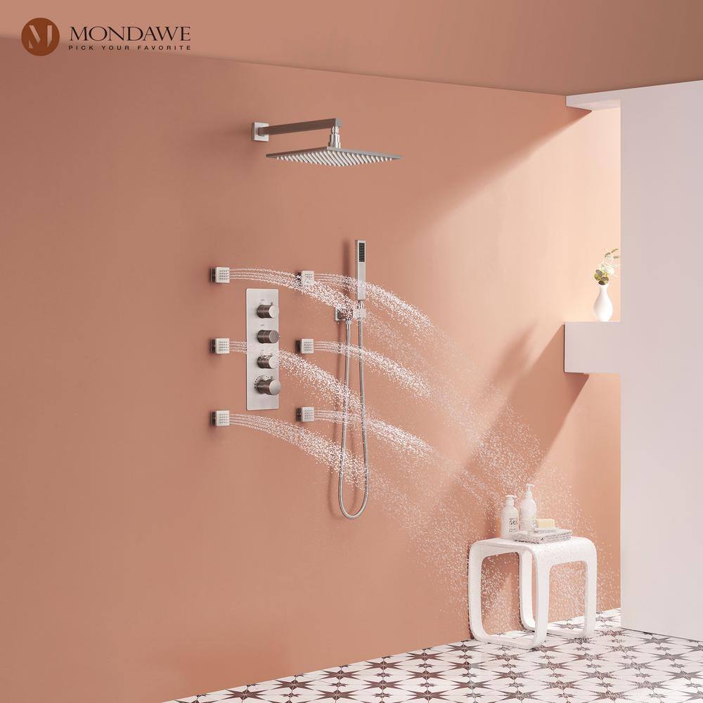 Brushed Nickel Wall Mounted Shower System with Adjustable Heads and Body Jets