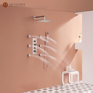 Luxury 3-Spray Patterns Thermostatic 12 in. Wall Mount Rainfall Dual Shower Heads with 6-Body Spray in Brushed Nickel