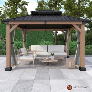 Beverly Hills 10 ft. x 12 ft. Outdoor Fir Solid Wood Frame Patio Gazebo Canopy Shelter Galvanized Steel Hardtop Netting