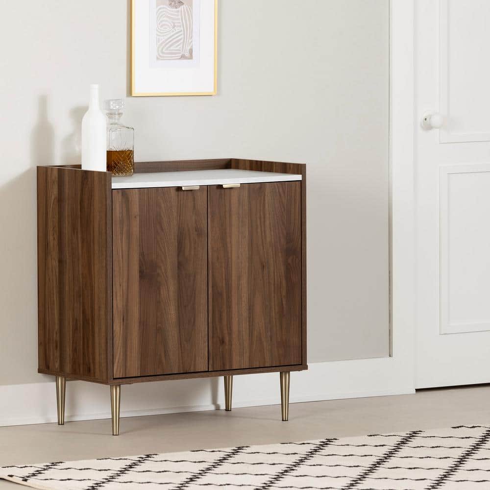 Natural Walnut and Faux Carrara Marble Mid-Century Glam Cabinet
