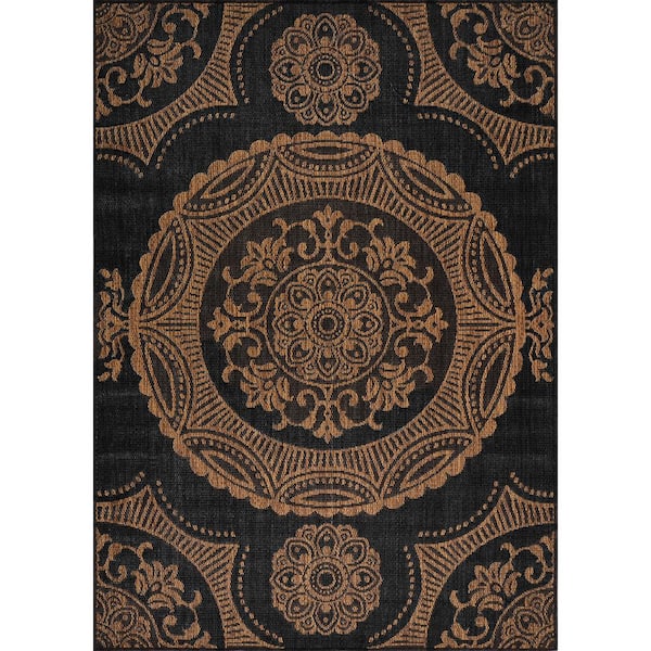 Waikiki Gold/Black 10 ft. x 14 ft. Medallion Indoor Outdoor Area Rug