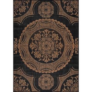 Waikiki Gold/Black 4 ft. x 6 ft. Medallion Indoor Outdoor Area Rug