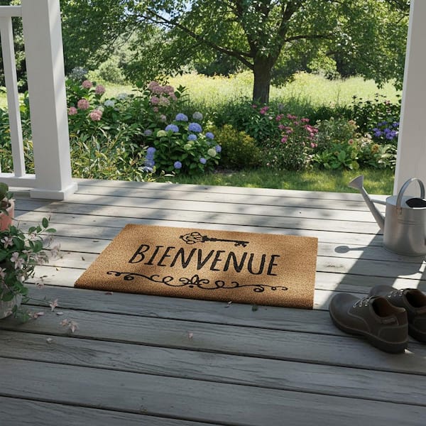 Evideco 16 in. x 24 in. Natural Sheltered Printed Front Door Mat Bienvenu Coir Coco Fibers