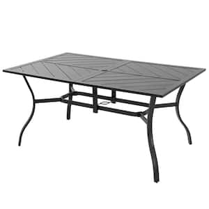 Black Rectangle Powder-Coated Iron 61 in. x 37 in. Outdoor Dining Table with Splice Tabletop and 1.77 in. Umbrella Hole