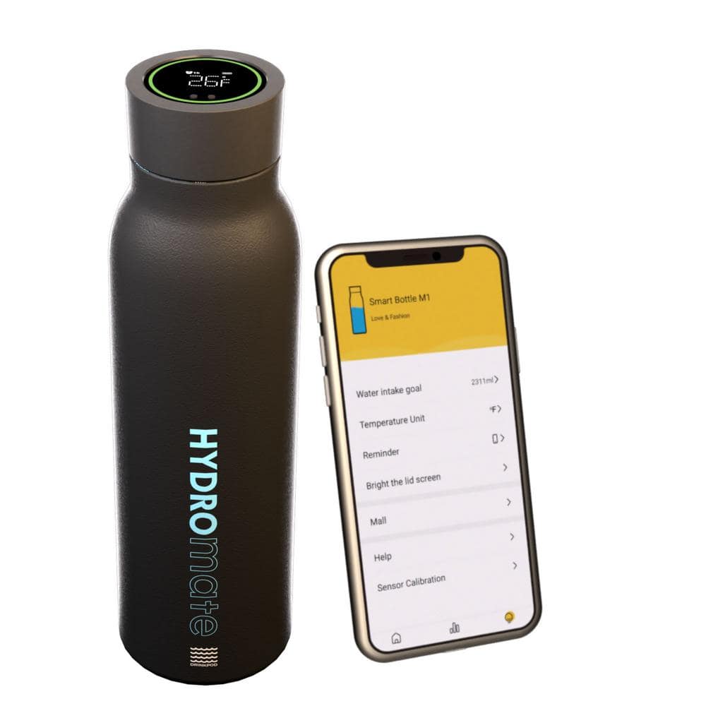 HydroMATE Smart Water Bottle Stainless Steel Double Wall Tracks Water Intake & Sends Personalized Reminders to Hydrate