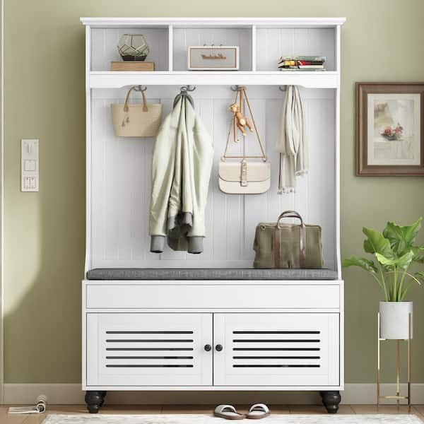 47 in. 5-in-1 Modern Hallway Hall Tree Multi-Functional Storage Open Wardrobe with Coat Rack, Shutter-shaped Door, White