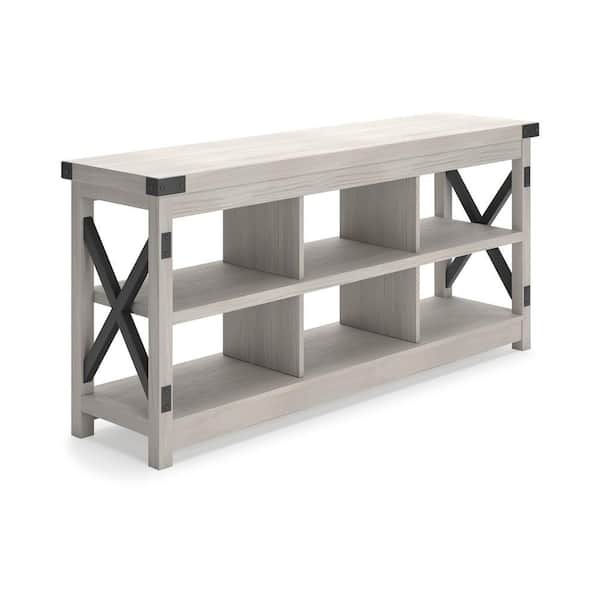 Benjara 58.25 in. White and Black Wood TV Stand Fits TVs up to 60 Inch in. with 6 Shelves