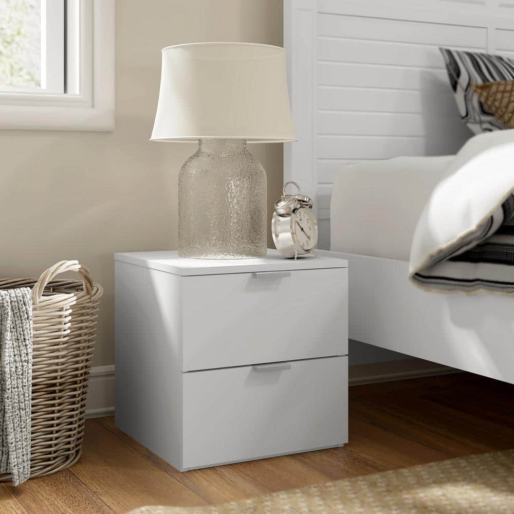 Matte White Modern 2-Drawer Nightstand with Silver Pulls