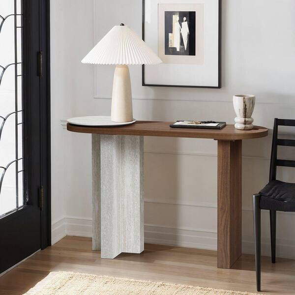 Travertine-Style 47.24 in. Brown and Off-White Oval MDF Wood Console Table