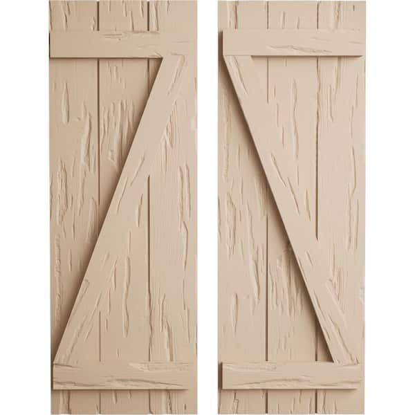 Ekena Millwork 16.5 in. x 24 in. Timberthane Polyurethane 3-Board Joined Board-n-Batten Pecky Cypress Faux Wood Shutters w/Z-Board Pair